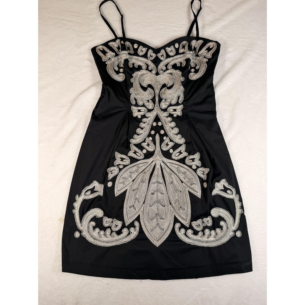 Pookie & Sebastian Dress Womens M Black Silver Embroidered Mini Cocktail Party